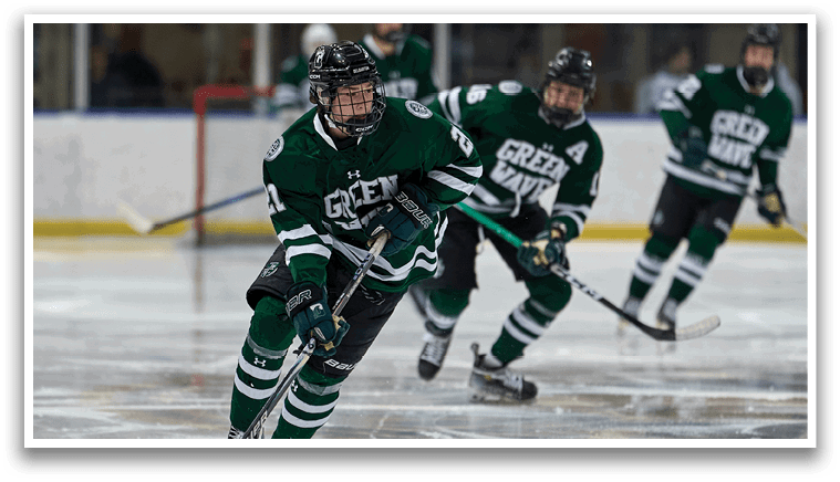 A hockey player in a green jersey is skating on the ice. AI generated content