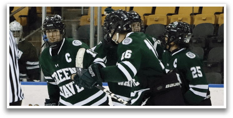 A group of hockey players wearing green uniforms are on the ice. AI generated content