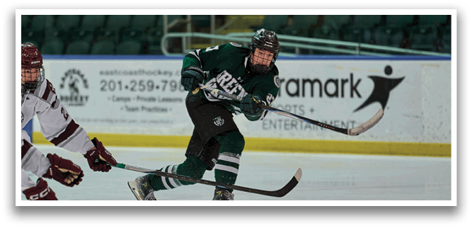 A hockey player in a green and white uniform is skating towards the goal, while another player tries to block him. AI generated content