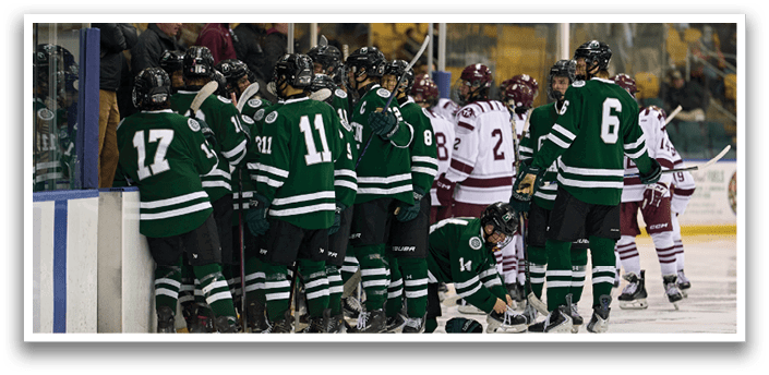 A group of hockey players are standing on the ice, wearing green and white uniforms. They are gathered around a player who is kneeling on the ice. AI generated content