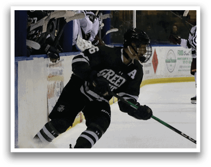 A hockey game is in progress with players on the ice. One player is skating with a hockey stick, while another player is holding a stick and preparing to shoot. There are several other players on the ice, some of whom are wearing green and white uniforms. The scene is filled with excitement and anticipation as the players compete against each other. AI generated content