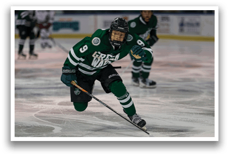 A hockey player wearing a green jersey with the number 9 on it. AI generated content