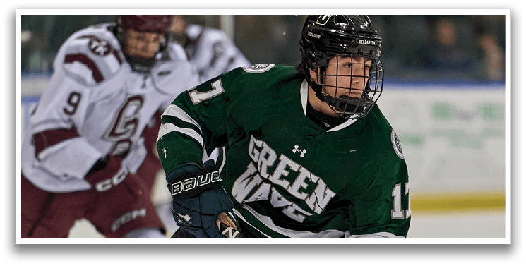 A hockey player in a green and white uniform is skating on the ice with a hockey stick. AI generated content