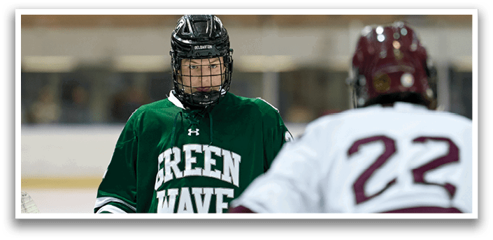 Two hockey players, one wearing a green jersey and the other wearing a white jersey, are on the ice. AI generated content