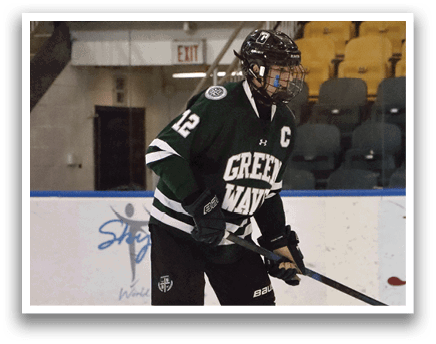 A hockey player in a green and white uniform is standing on the ice with his hockey stick. AI generated content