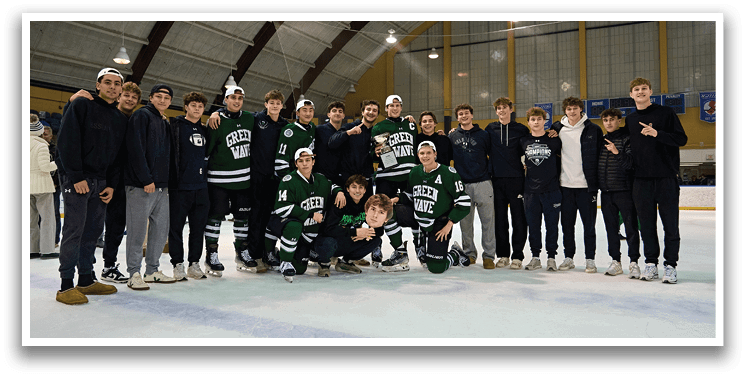 A group of young men pose for a photo on the ice. AI generated content