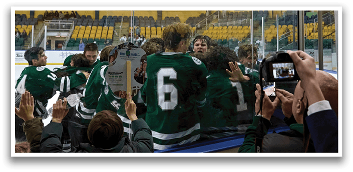 A group of hockey players are standing in the locker room, some of them are holding their cell phones. AI generated content