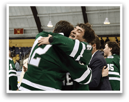 Two hockey players embrace each other on the ice. AI generated content