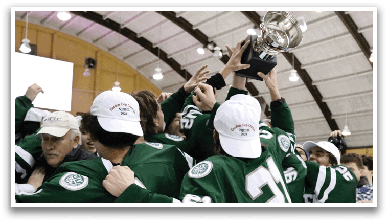 A group of hockey players celebrating a victory by holding up a trophy. AI generated content