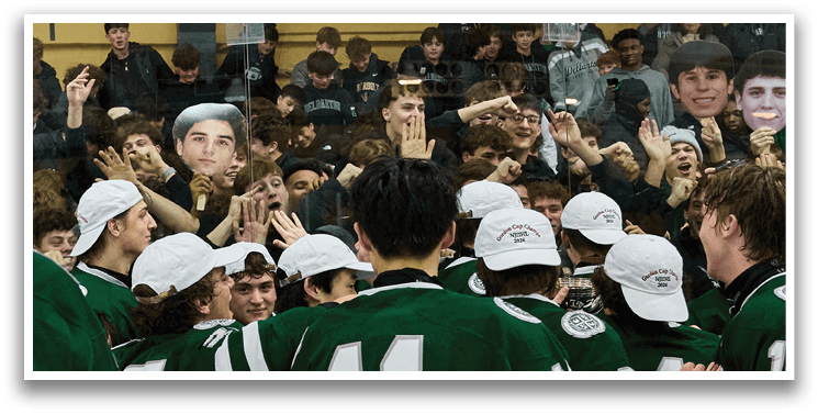 A group of hockey players huddle together on the ice, celebrating a victory. AI generated content