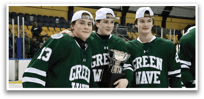 Four hockey players pose with a trophy. AI generated content