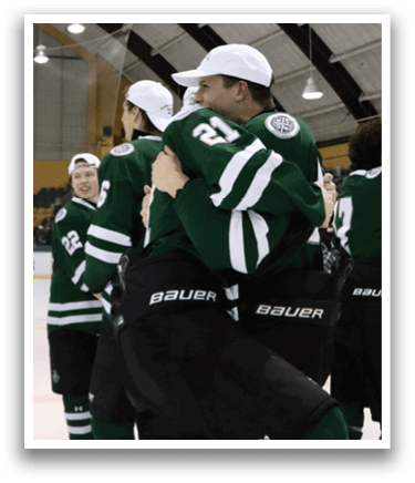 Two hockey players hugging on the ice. AI generated content