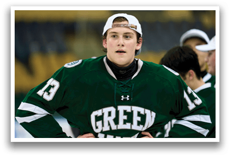 A hockey player wearing a green jersey with the number 13 on it. AI generated content