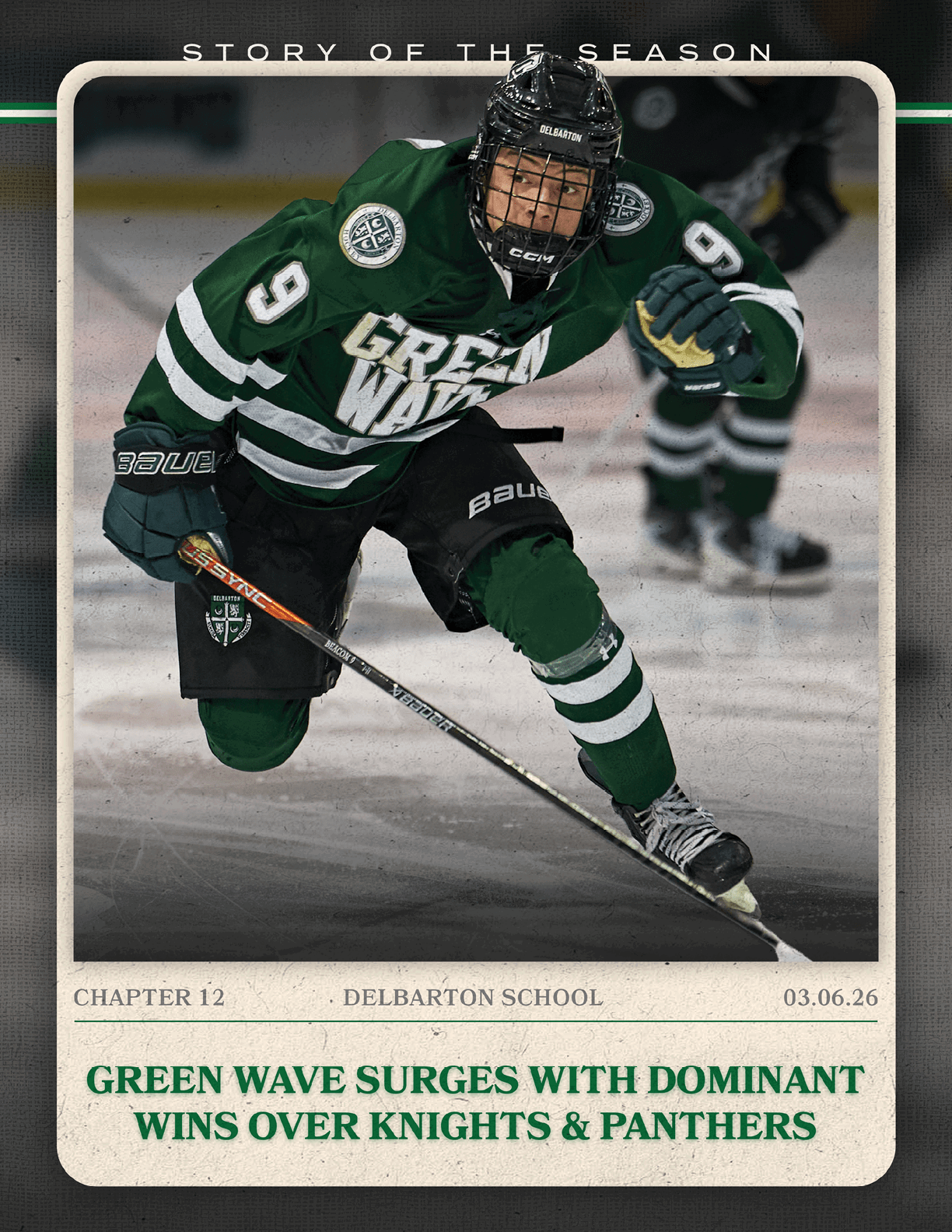 A hockey player in a green and white uniform is holding a hockey stick and skating on the ice. AI generated content