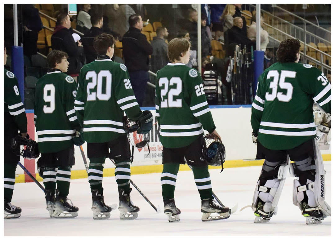 A group of hockey players are standing on the ice, wearing green uniforms and holding their hockey sticks. AI generated content
