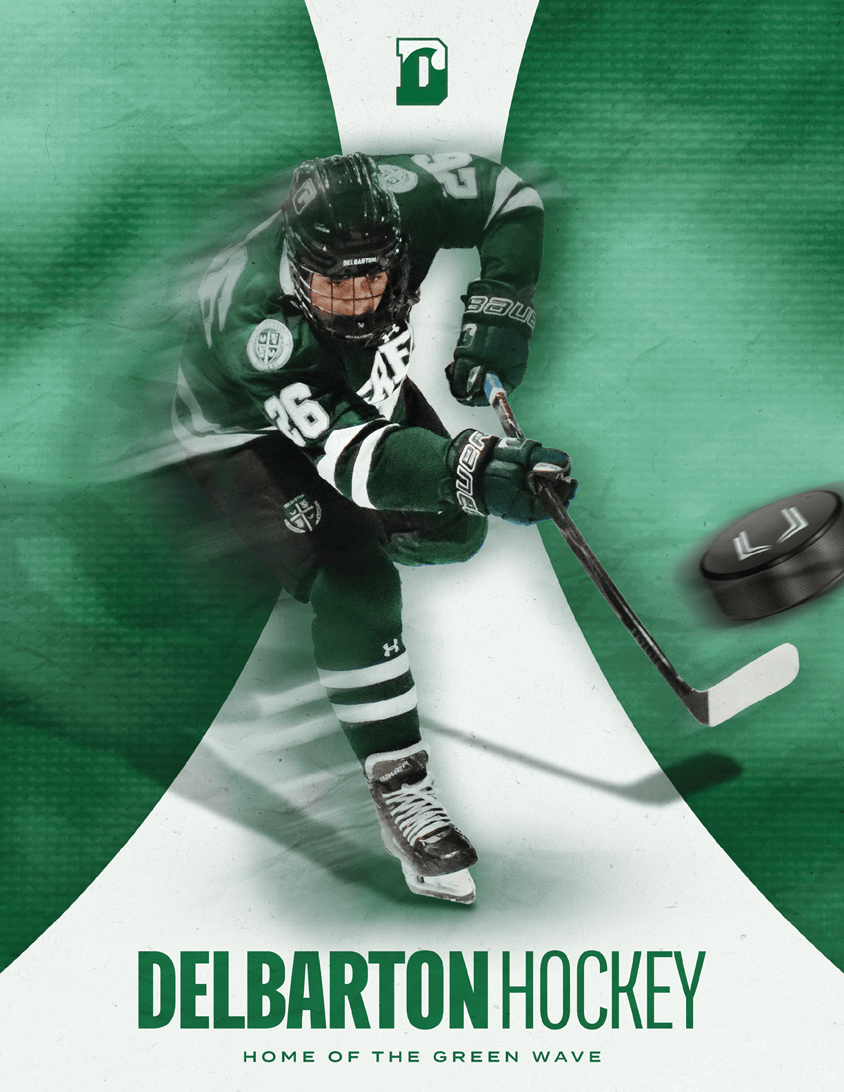 A hockey player in a green uniform is holding a hockey stick. AI generated content