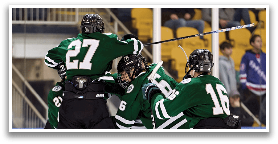 Four hockey players celebrating a goal with their sticks in the air. AI generated content