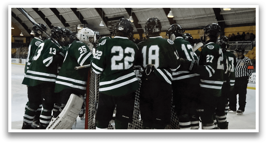 A group of hockey players wearing green uniforms are standing around each other. AI generated content