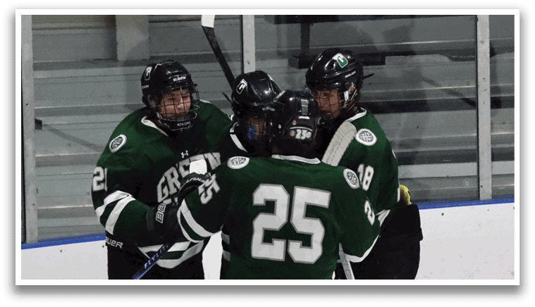 Three hockey players hugging each other on the ice. AI generated content
