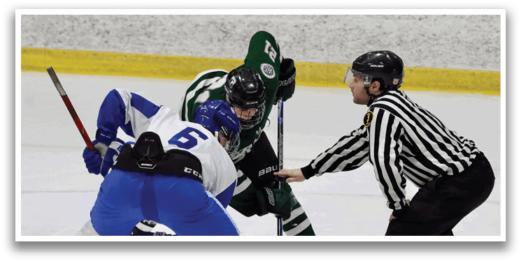 Three hockey players on ice, one of them wearing a green shirt. AI generated content