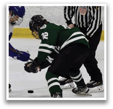 Two hockey players are on the ice, one with a green jersey and the other with a white jersey. They are both holding hockey sticks and are in a defensive position. AI generated content