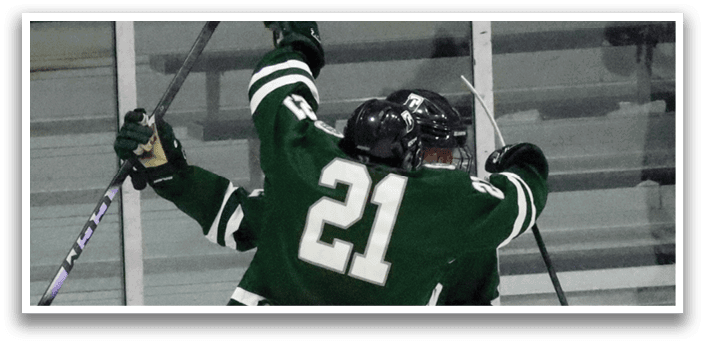 Two hockey players celebrating a goal. AI generated content