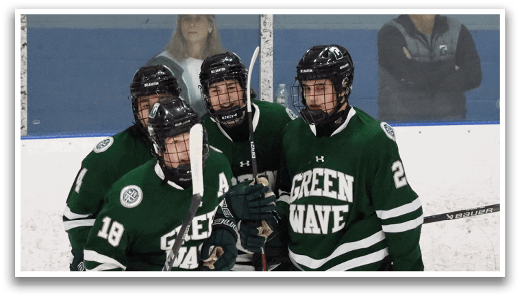 Three hockey players wearing green jerseys and holding their sticks, standing on the ice. AI generated content