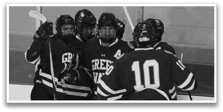 A group of hockey players wearing black and white uniforms are standing on the ice. AI generated content