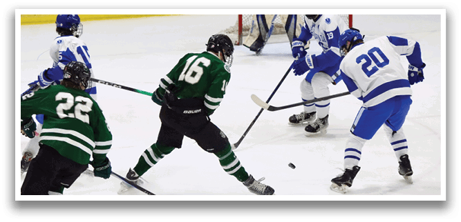 A group of hockey players on the ice, one of them is wearing a green and white uniform. AI generated content