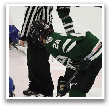 Two hockey players are on the ice, one is kneeling down and the other is standing. The standing player is wearing a green and white uniform. AI generated content
