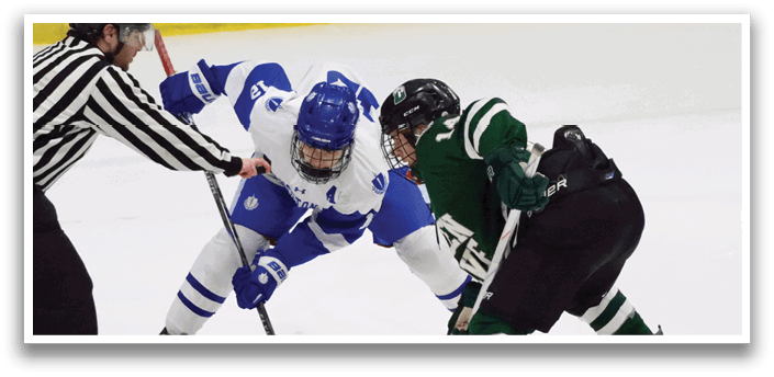 Three hockey players on the ice, one wearing a green shirt and the other two wearing white. The players are holding hockey sticks and are in a defensive position. AI generated content