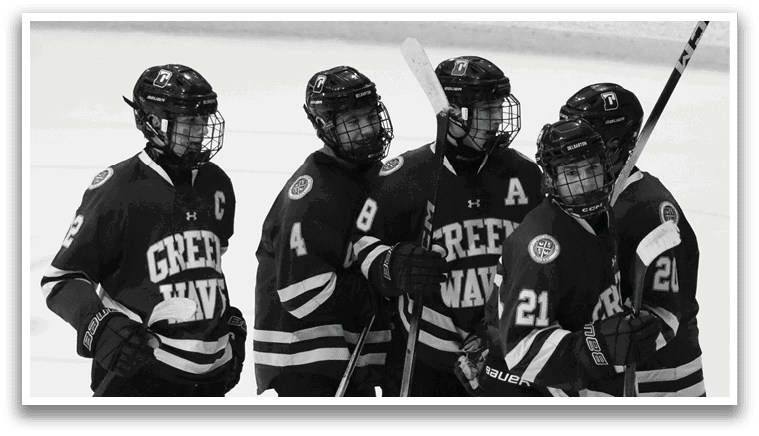 A group of hockey players standing on the ice, wearing their uniforms and holding their hockey sticks. AI generated content