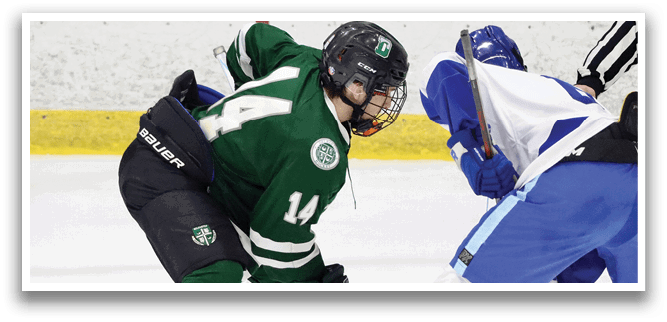 Two hockey players are on the ice, one wearing a green jersey and the other wearing a blue one. The green player is holding a stick and is in a defensive stance, ready to make a play. The blue player is also holding a stick and appears to be preparing to shoot the puck. AI generated content