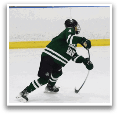 A hockey player in a green and white uniform is skating on the ice. AI generated content