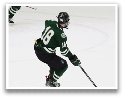 A hockey player in a green uniform is skating on the ice with a hockey stick. AI generated content