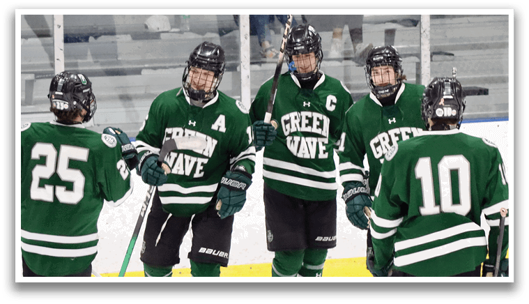 Four hockey players wearing green jerseys and holding their sticks. AI generated content