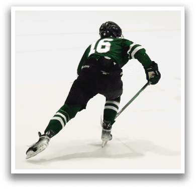 A hockey player wearing a green and white uniform skates on the ice. AI generated content