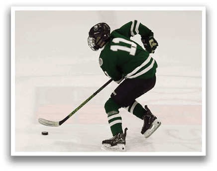 A person wearing a green and black hockey uniform is holding a hockey stick and skating on the ice. AI generated content