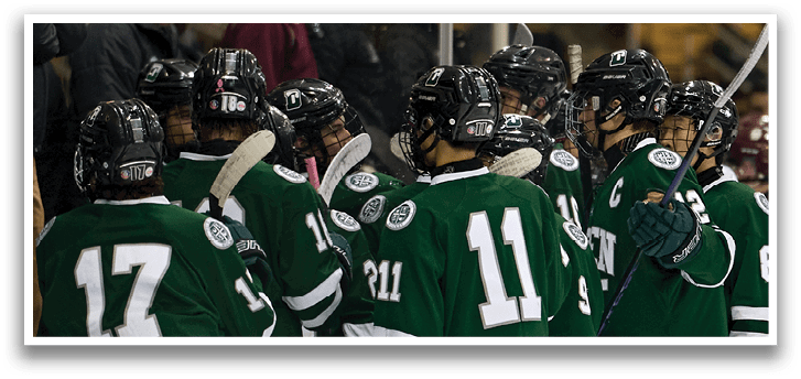 A group of hockey players wearing green and white uniforms are standing on the ice. AI generated content