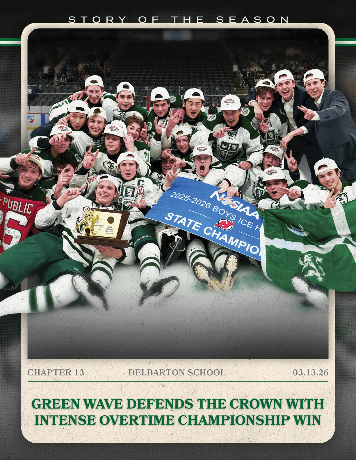 A group of hockey players celebrating their state championship win. AI generated content