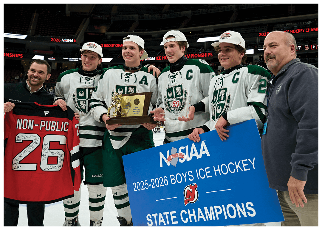 A group of hockey players pose with trophies and jerseys. AI generated content