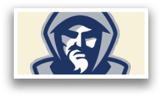 A logo with a hooded figure, possibly a monk, wearing a blue and gray outfit. AI generated content