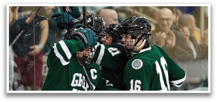 Three hockey players celebrating a goal with their arms around each other. AI generated content