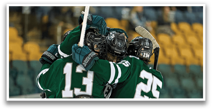 Three hockey players celebrating a goal with their sticks. AI generated content
