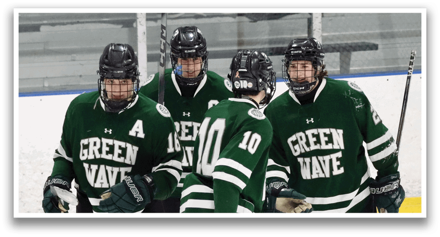 A group of hockey players wearing green uniforms are standing around each other. AI generated content