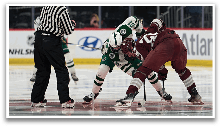 Two hockey players are fighting for control of the puck. AI generated content