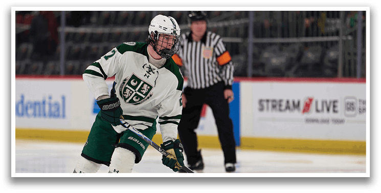 A hockey player in a white and green uniform is skating on the ice. AI generated content