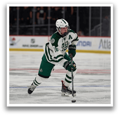 A hockey player in a green and white uniform is holding a hockey stick and preparing to shoot the puck. AI generated content