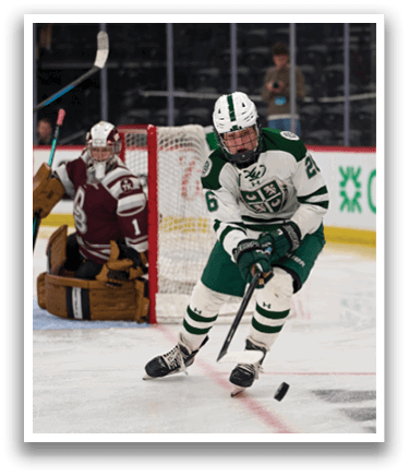 A hockey player in a green and white uniform is skating on the ice, holding a hockey stick. AI generated content
