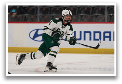 A hockey player in a green and white uniform is skating on the ice with a hockey stick in his hand. AI generated content